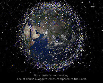 la tierra rodeada de pequeños puntitos que es la basura espacial