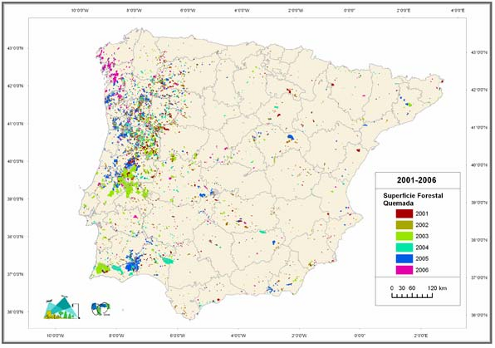 Mapa de incendios de 2001 a 2006