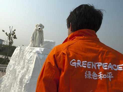 un escuálido oso sobre un trozo de hielo, delante un activista de Greenpeace