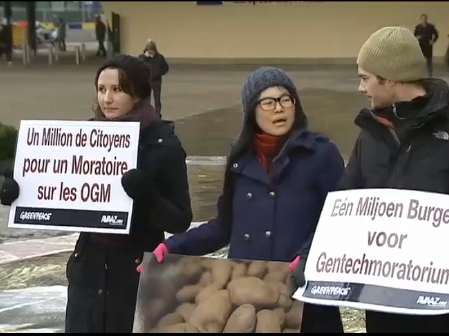 Activistas de Greenpeace con carteles de un millón de ciudadanos por la moratoria de OGM