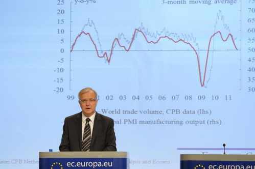 El comisario de economía con un panel detrás con las líneas económicas europeas